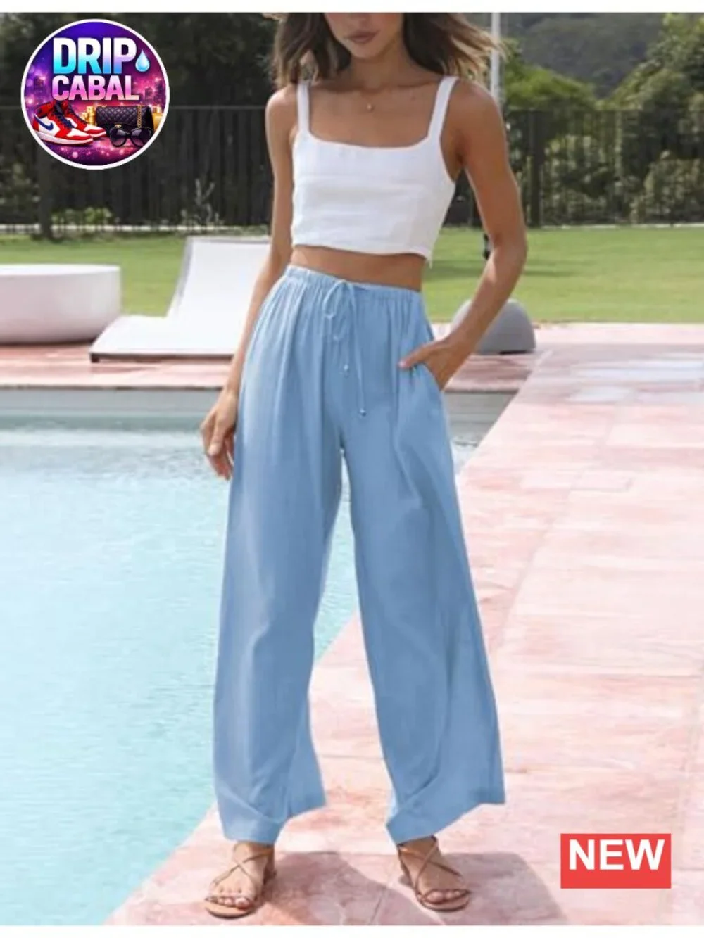Womens Cotton Linen Wide Leg Palazzo Pants Flowy Beach Trousers with Pockets